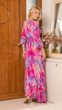 Langes Kleid im Batik-Stil mit vorderer Knopfleiste